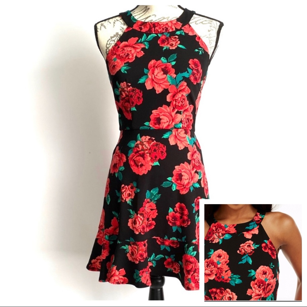 BCX Juniors Floral Print Flounce Dress Red Black sz Jr 1